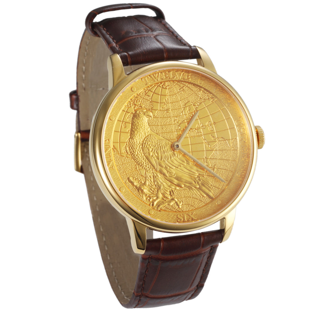 CHIYODA Stylish Jewelry Watch Eagle Pattern Women/Man Luxury PT950 Platinum Swiss Quartz Watch Leather Strap Belt Watch (Gold))